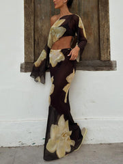 Sexy Print Mesh Off Shoulder Top Maxi Skirt Set