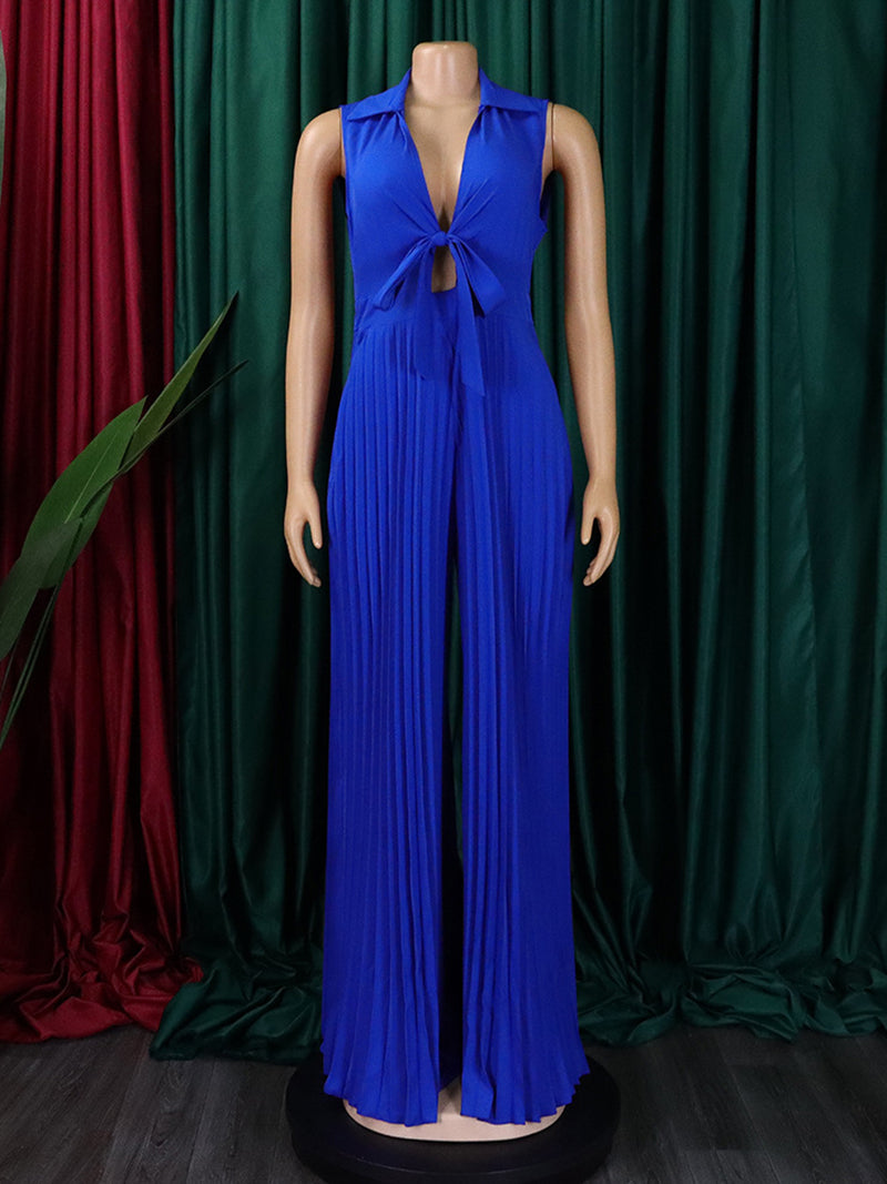 Turn-down Collar Lace-up Pleated Wide Leg Jumpsuit