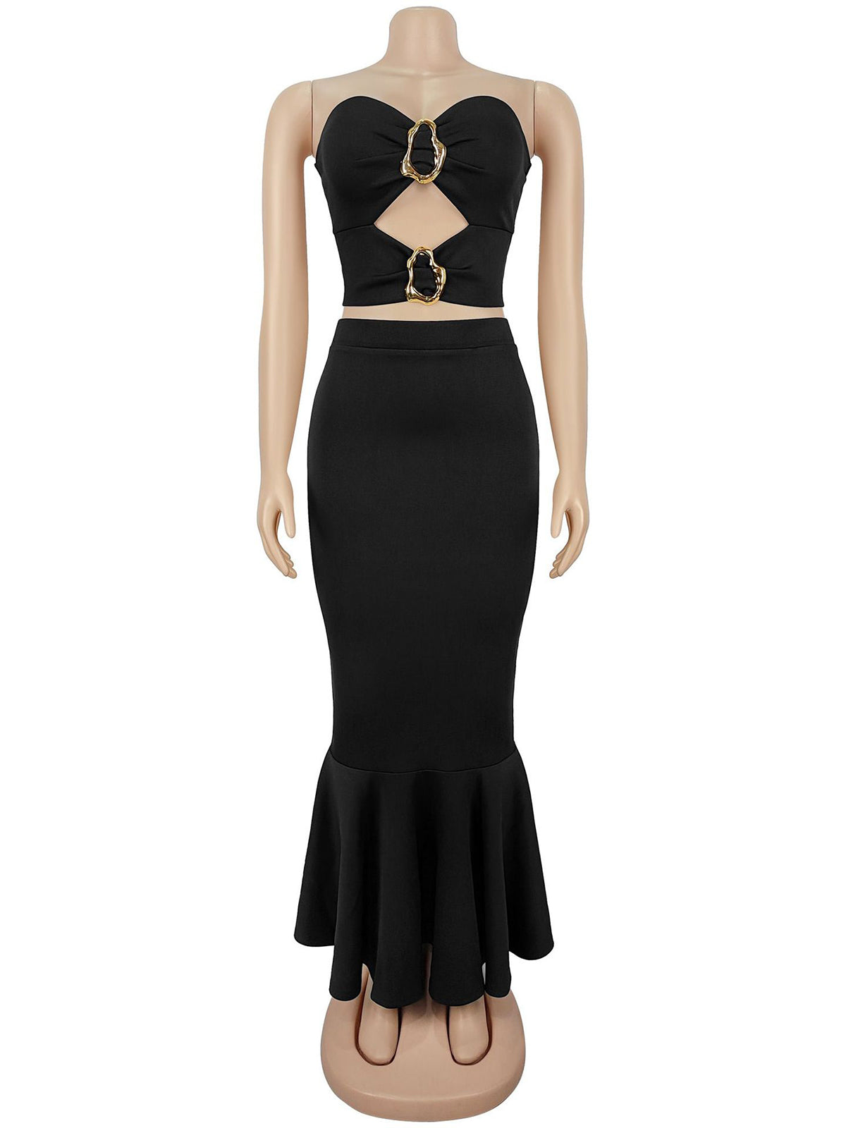 Elegant Strapless Crop Top And Fishtail Skirt Sets