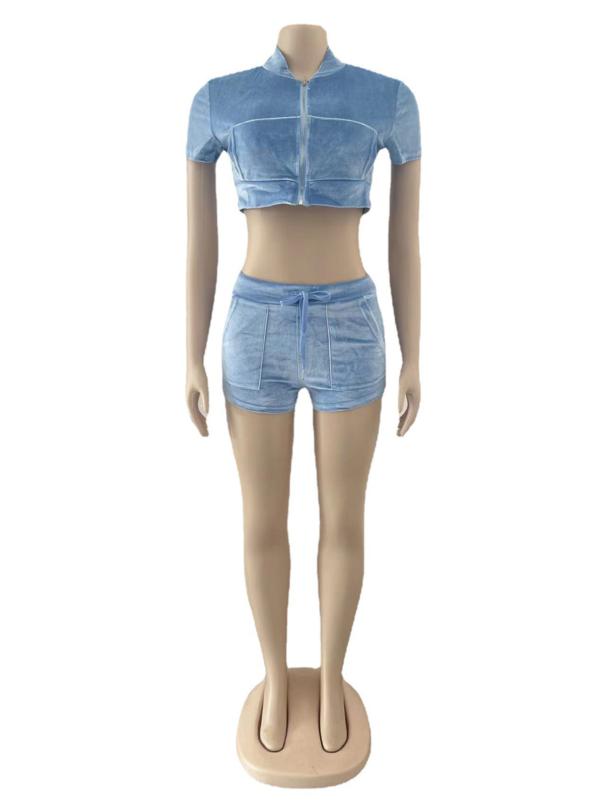 Velvet Zip-up Crop Top Shorts Jogging Two Piece Set