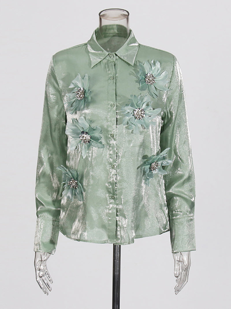 Solid Flower Decoration Chiffon Shirt