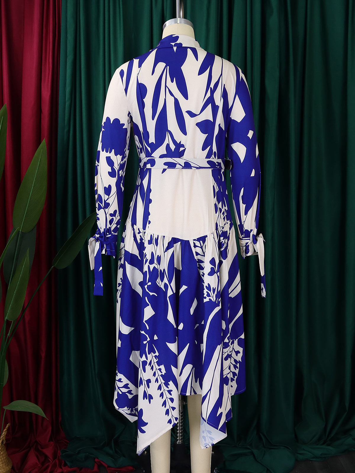 Plants Print Tied Detail Ruched Shirt Dress