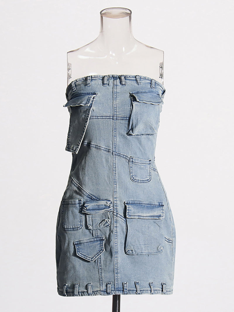Sexy Strapless Pocket Slim Fit Denim Dress