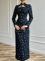 Elegant Stand Collar Lace-up Print Slim Maxi Dress