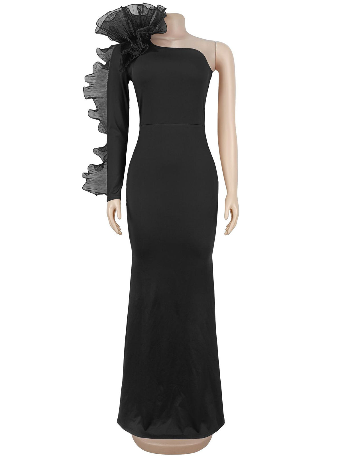 Elegant Ruffle One-Shoulder Slim Maxi Dress