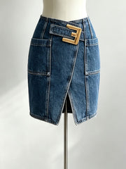 Gold Buckle Slit Denim Mini Skirt