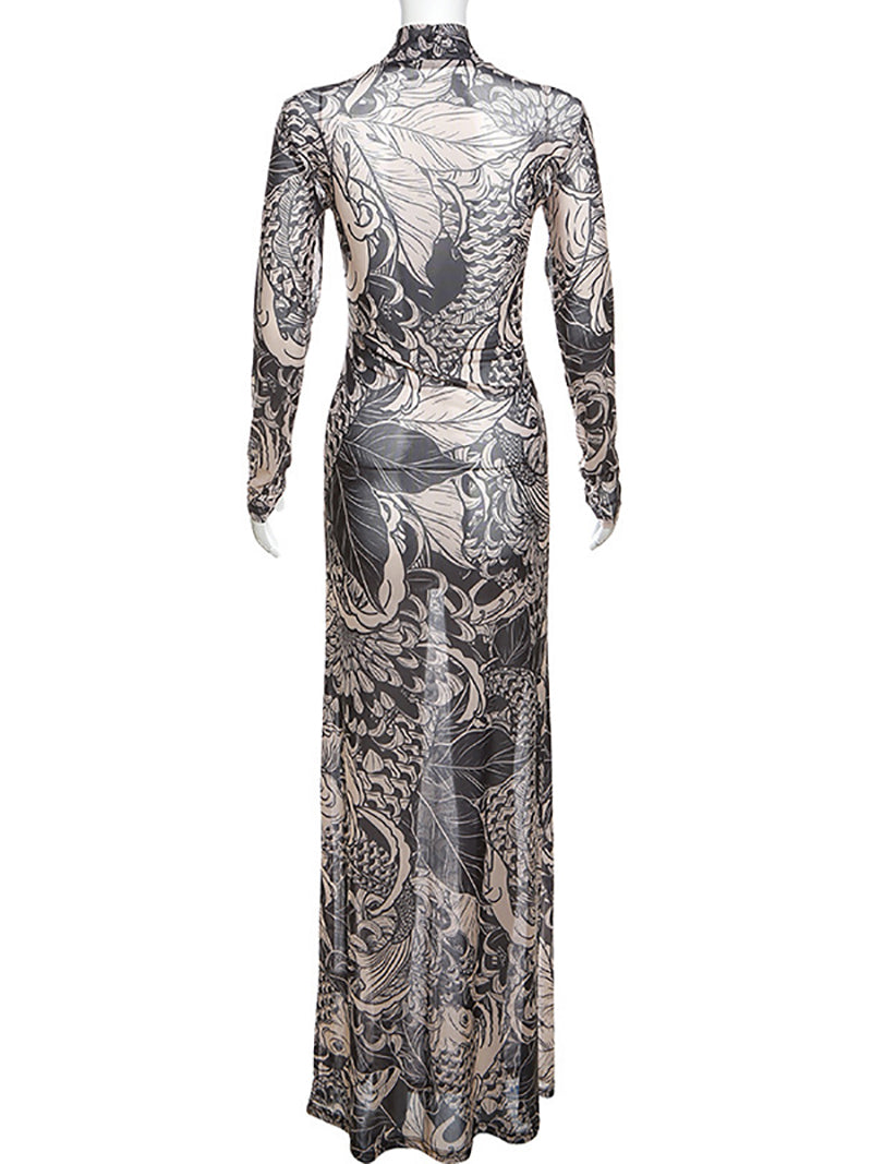 Turtleneck Print Sheer Mesh Bodycon Maxi Dress