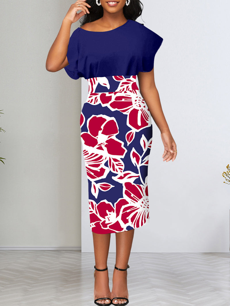 Scoop neck Print Slim Midi Dress