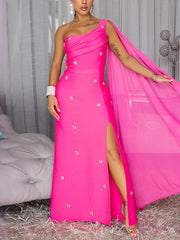 Fashion One Shoulder Cape Rhinestone Embellished Maxi Dress