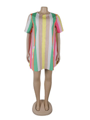 Contrast Color Stripe Print Short Sleeve Causal Dress