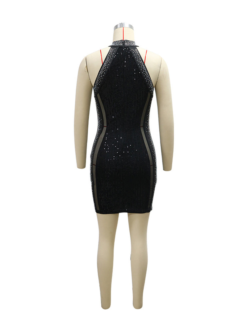 Rhinestones Mesh Patchwork Sequin Club Mini Dress