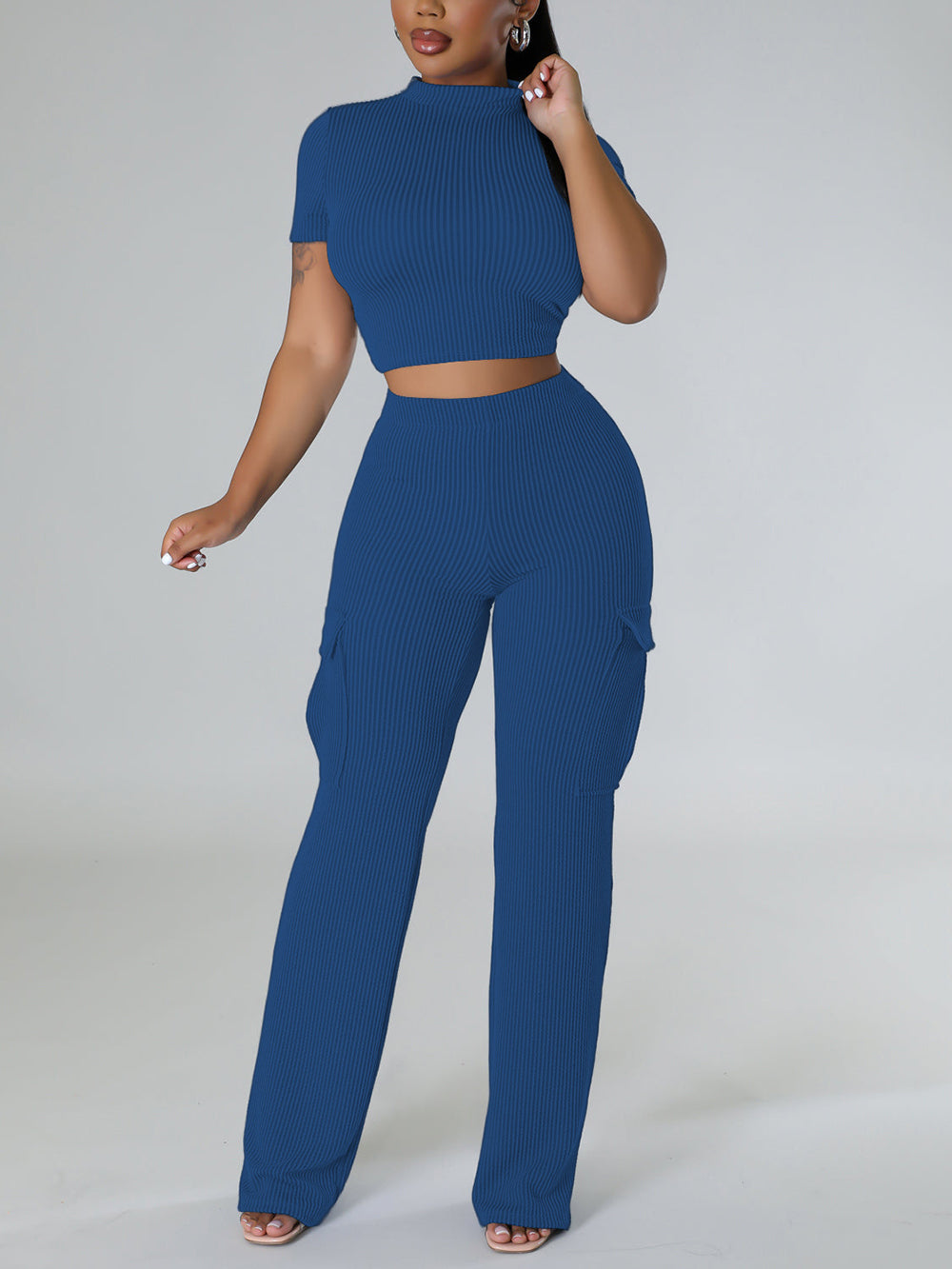 Solid Short Sleeve Top Wide-leg Pants Two-Piece Set