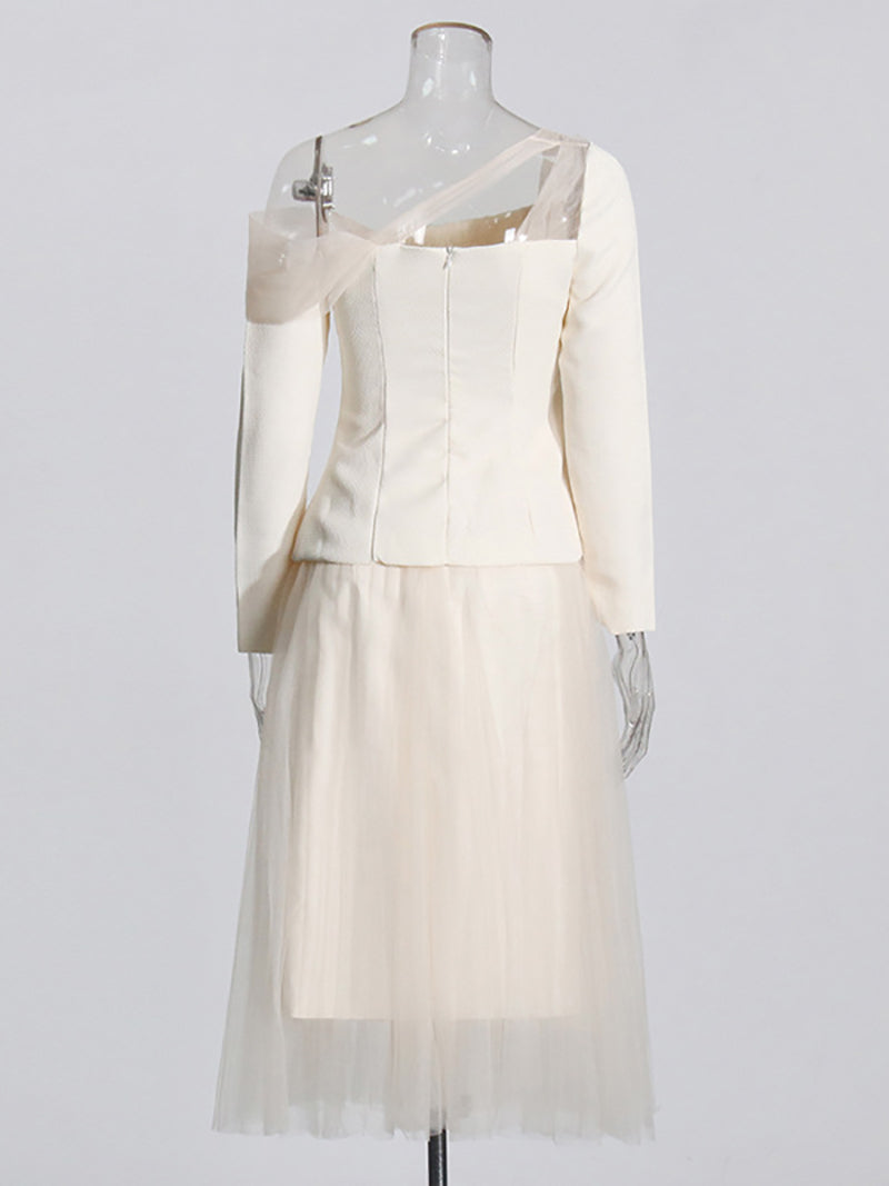 Elegant Sloping Shoulder Tops Tulle Skirt Sets