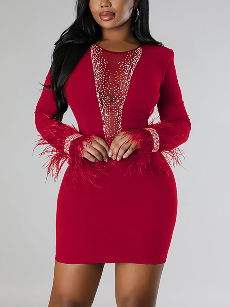 Sexy Feather Cuff Rhinestone Decor Bodycon Mini Dress