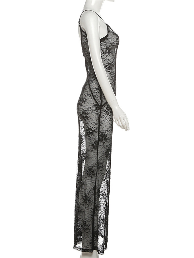 Sexy Lace See Through Backless Sling Maxi Dress