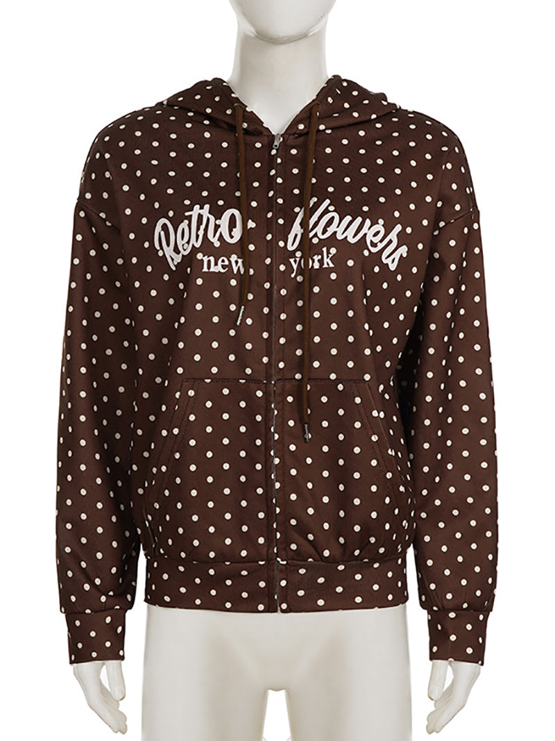 Fashion Polka Dot Letter Print Loose Zip Hoodie