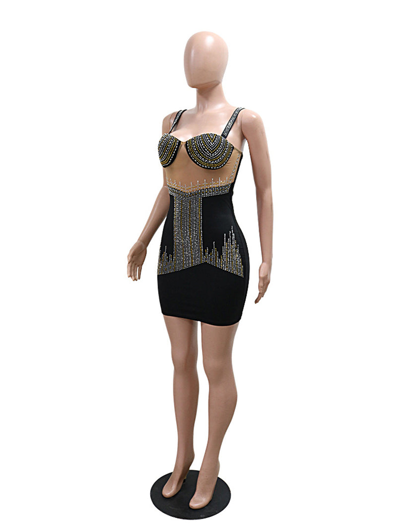 Sexy Mesh Rhinestones Bodycon Mini Dress