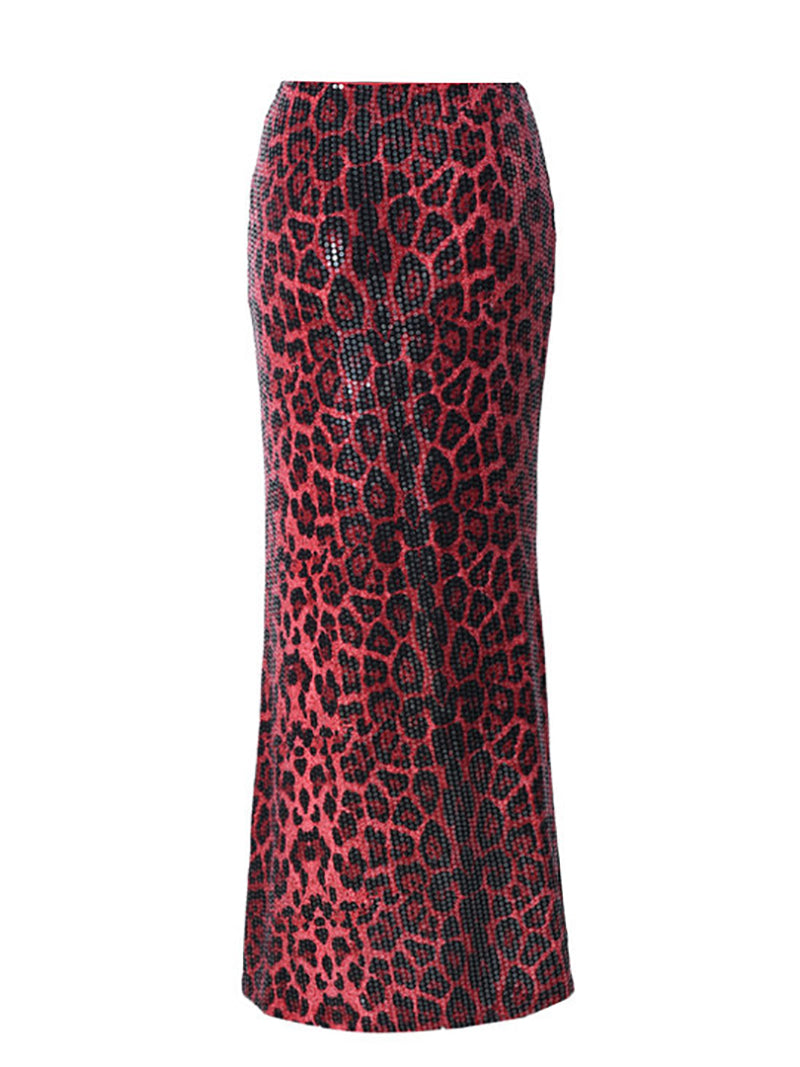 Sexy Leopard Print Sequin Maxi Skirt