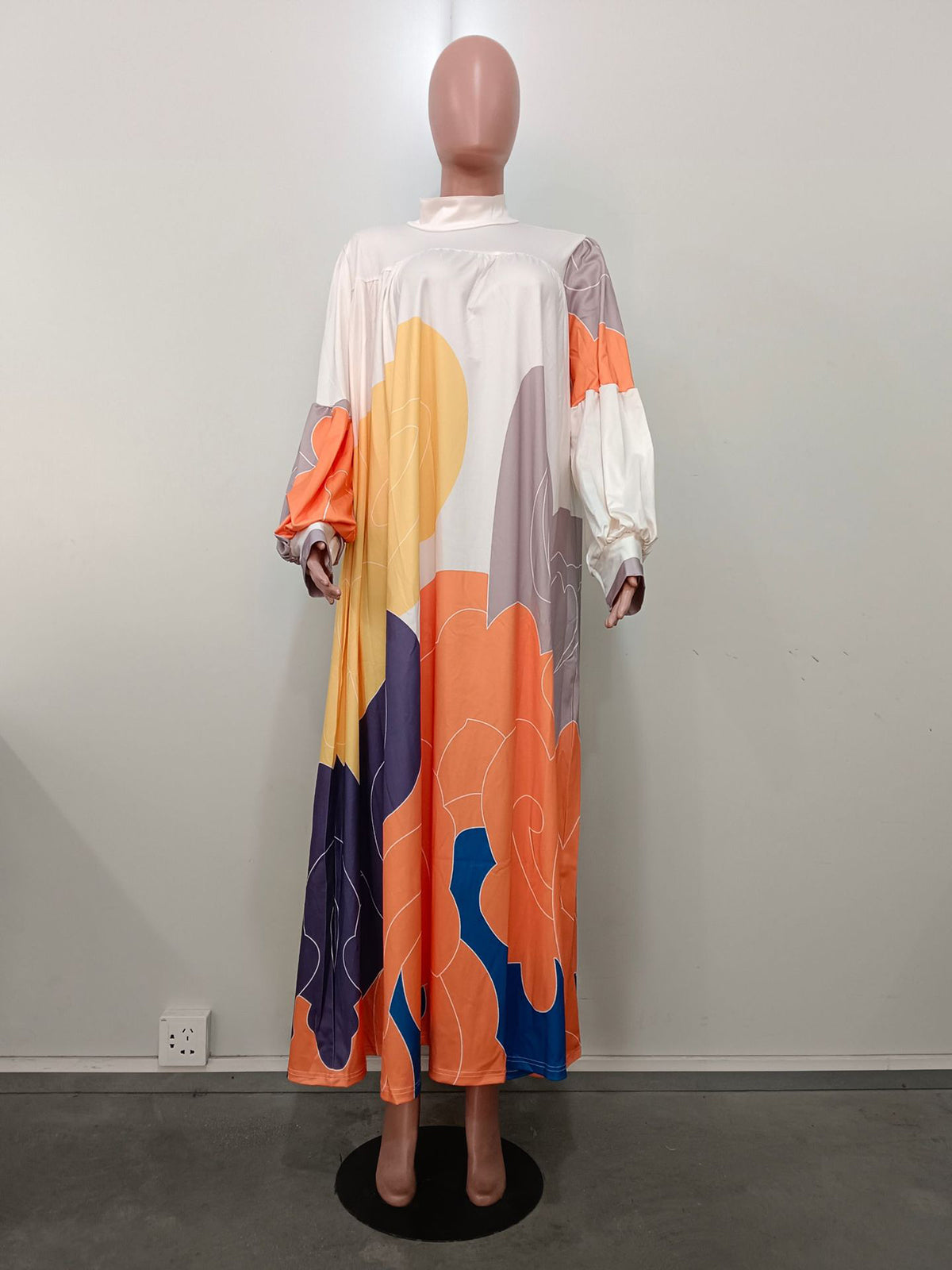 Elegant Print Puff Sleeves Casual Maxi Dress