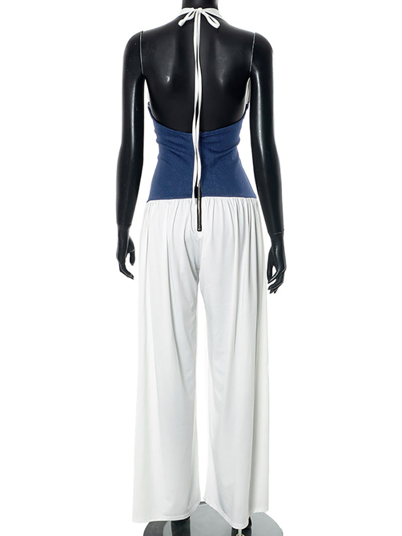 Fashion Halter Patchwork Wide Leg Jumpsuit