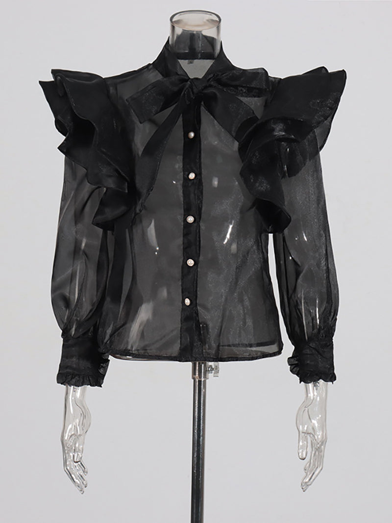 Sexy See Through Mesh Ruffle Long Sleeve Shirt