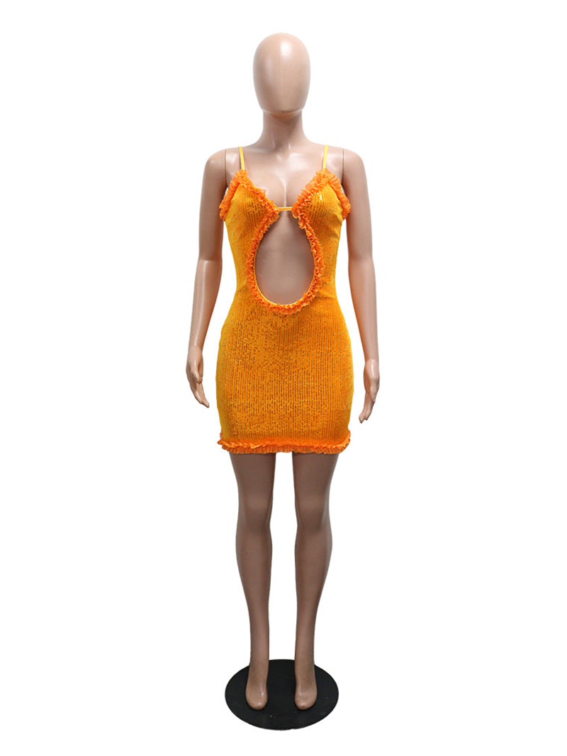 Sexy Ruched Hollow out Sequin Mini Dress