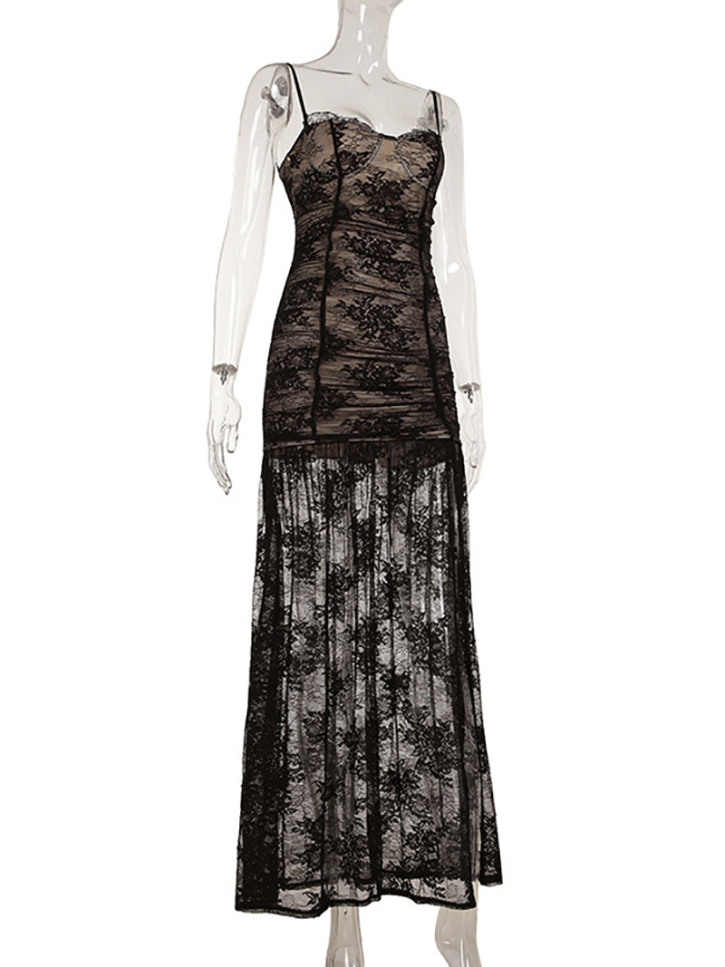 Sexy Spaghetti Strap Lace Slit Maxi Dress