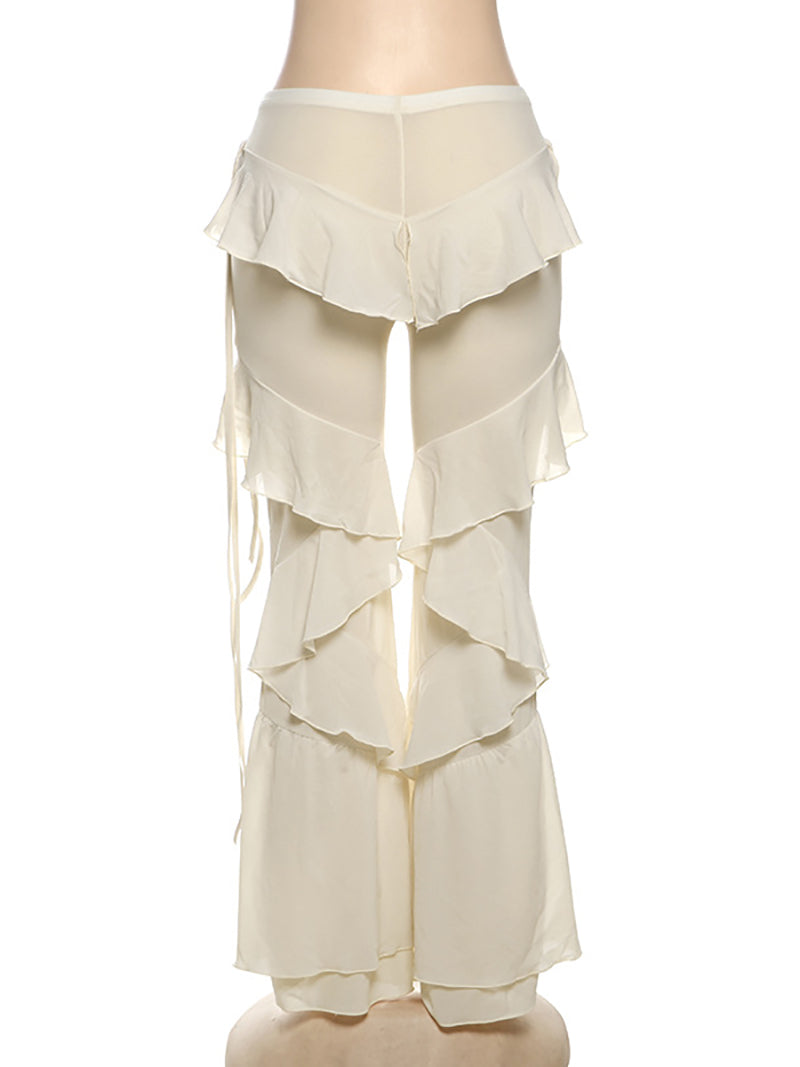 Layered Ruffle Flare Leg Elastic Waist Pants