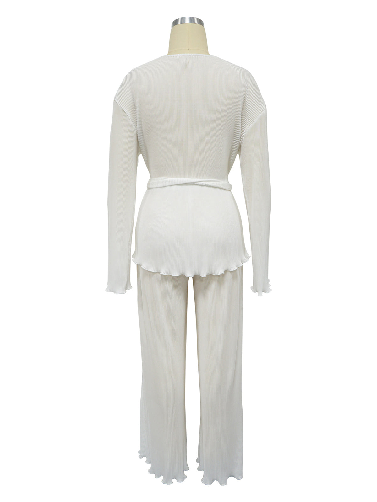 V-Neck Lace-up Pleated Top Loose Pants Casual Set