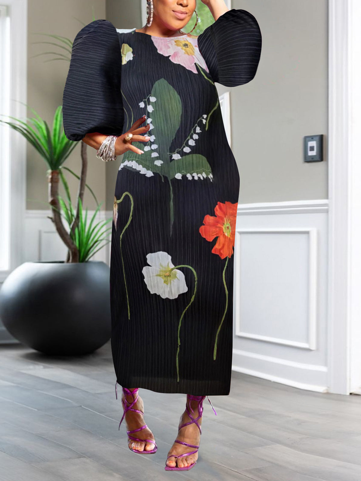 Print Ruched Lantern Sleeve Maxi Dress
