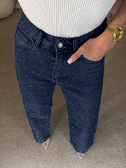 Casual High Waist Rhinestone Straight Leg Jeans
