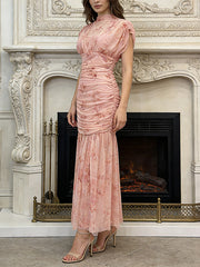 Elegant Print Cinched Waist Slim Maxi Dress