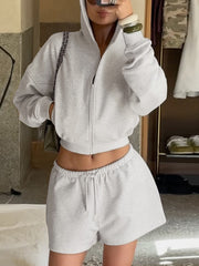 Zipper Hooded Crop Top Shorts Sweatsuits Sets