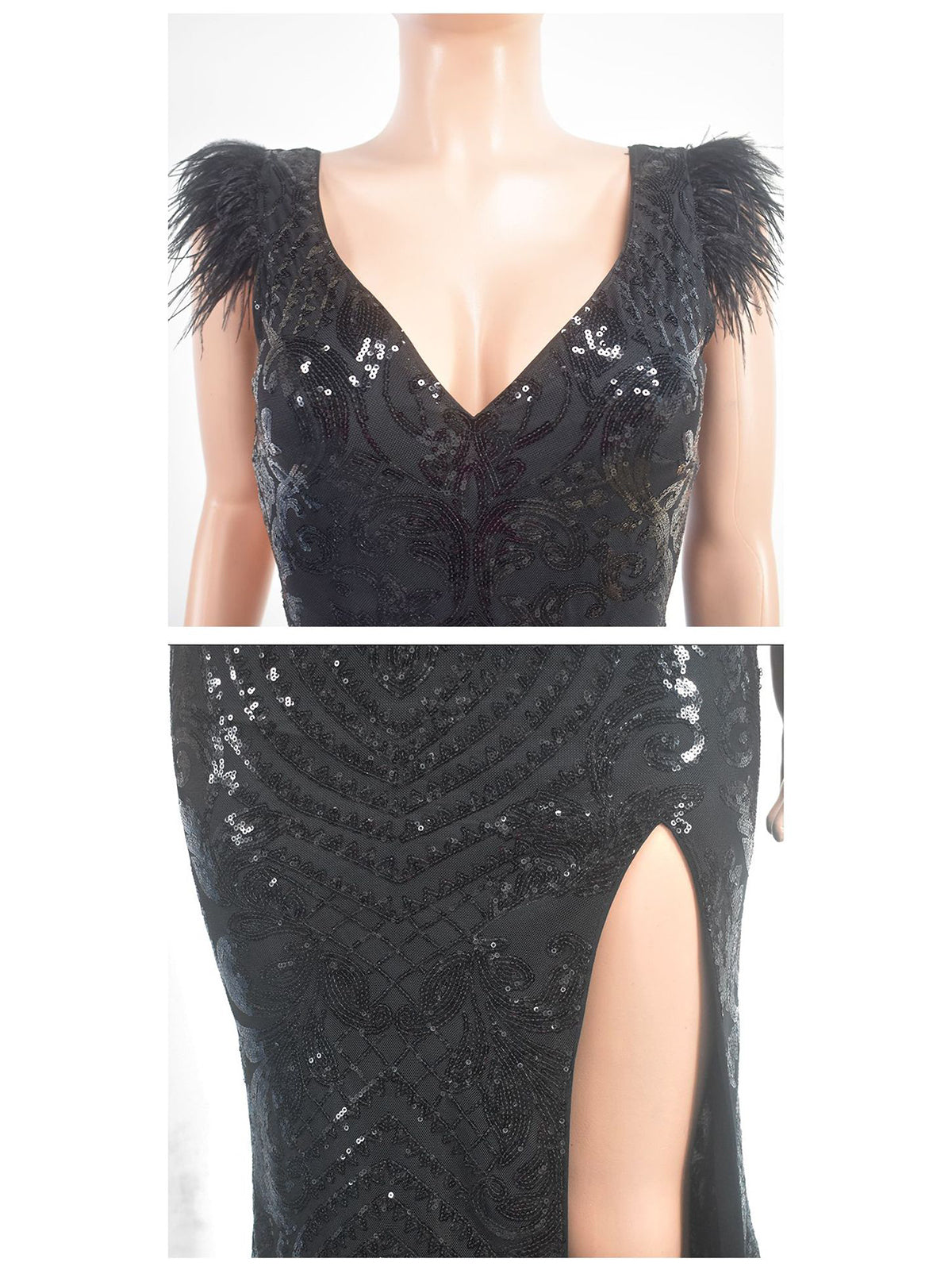 Sexy V Neck Sequin Feather Maxi Dress