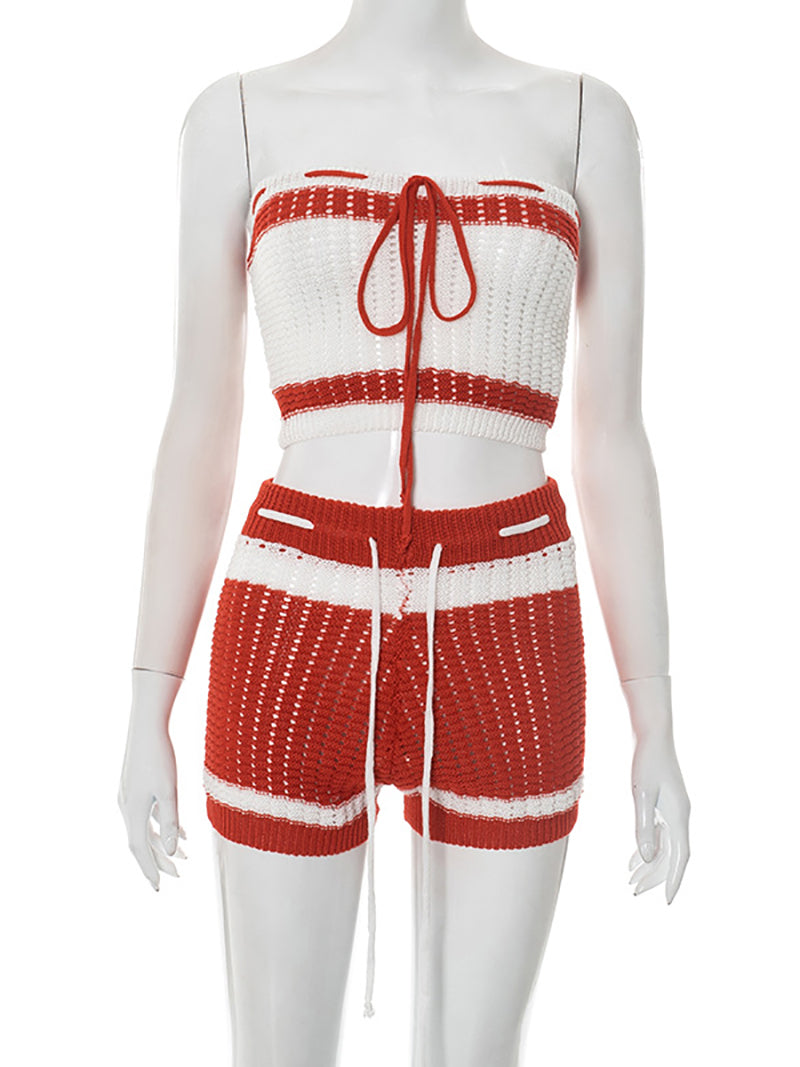 Strapless Crop Tops and Drawstring Shorts Two Piece Set