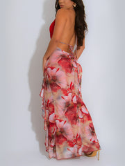 Sexy Deep V Halter Backless Lace-up Ruffle Dress