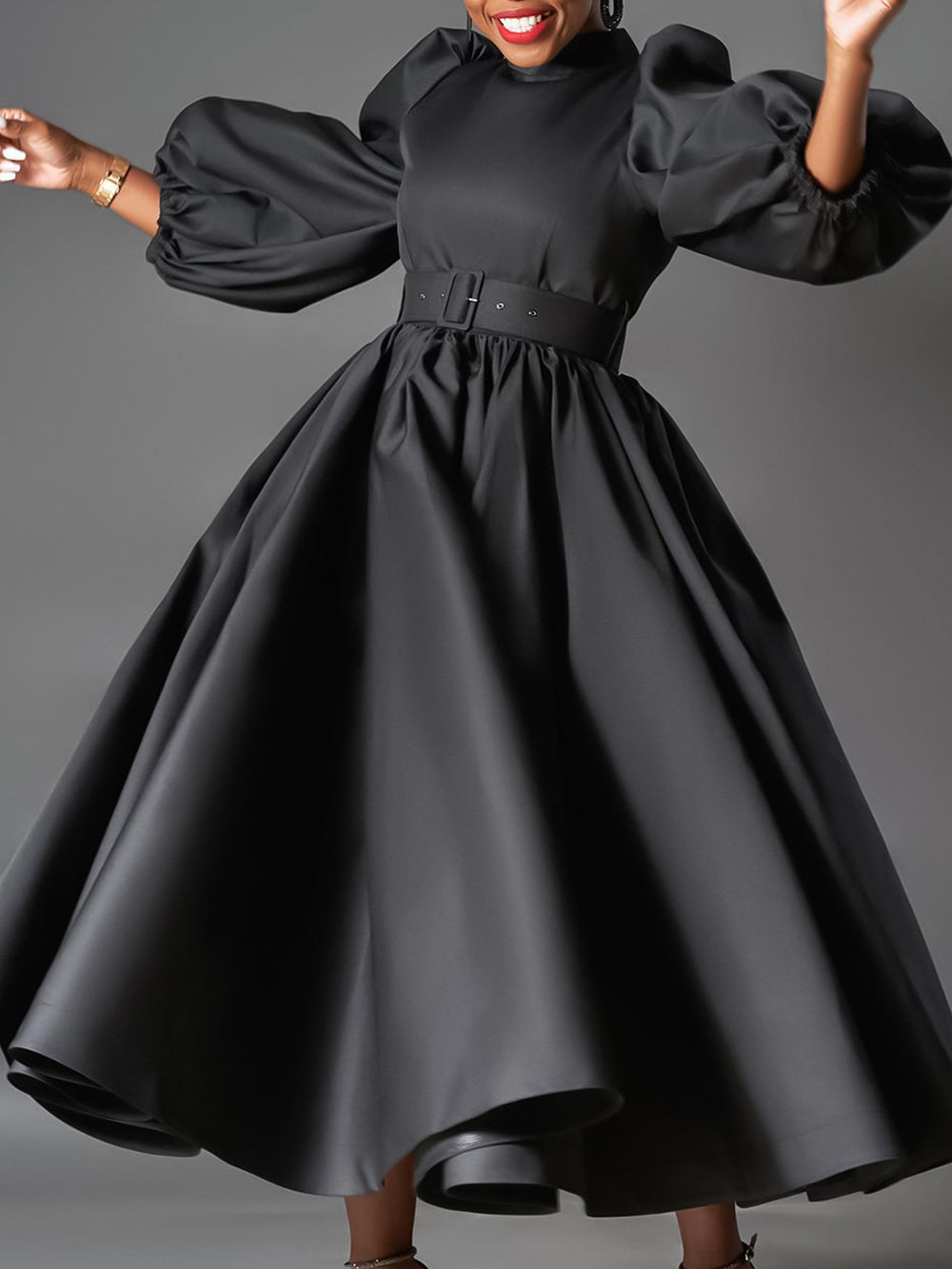 Fashion Solid Color Puff Sleeve A-Line Dress