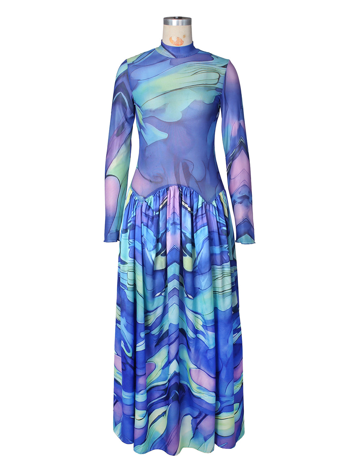Sexy Sheer Mesh Print Patchwork Pleated Maxi Dress