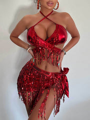 Halter Fringe Sequin Bikini Swimsuits 3 Piece Set