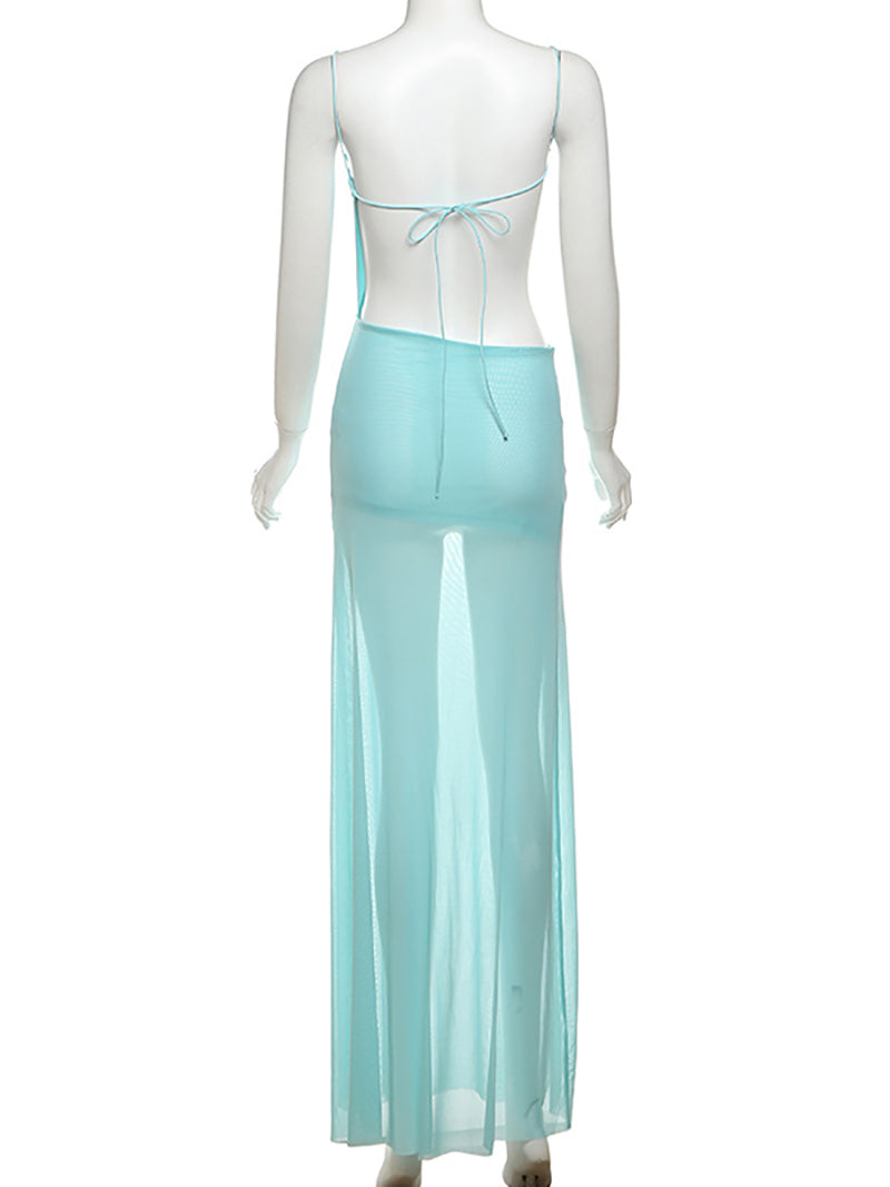 See Through Backless Cut Out Tied Up Party Maxi Dress