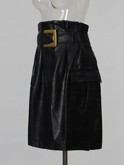 Belted Leather Look Pocket Pencil Skirt-boutique
