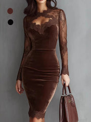 Lace Sleeve Fitted Velvet Midi Dress