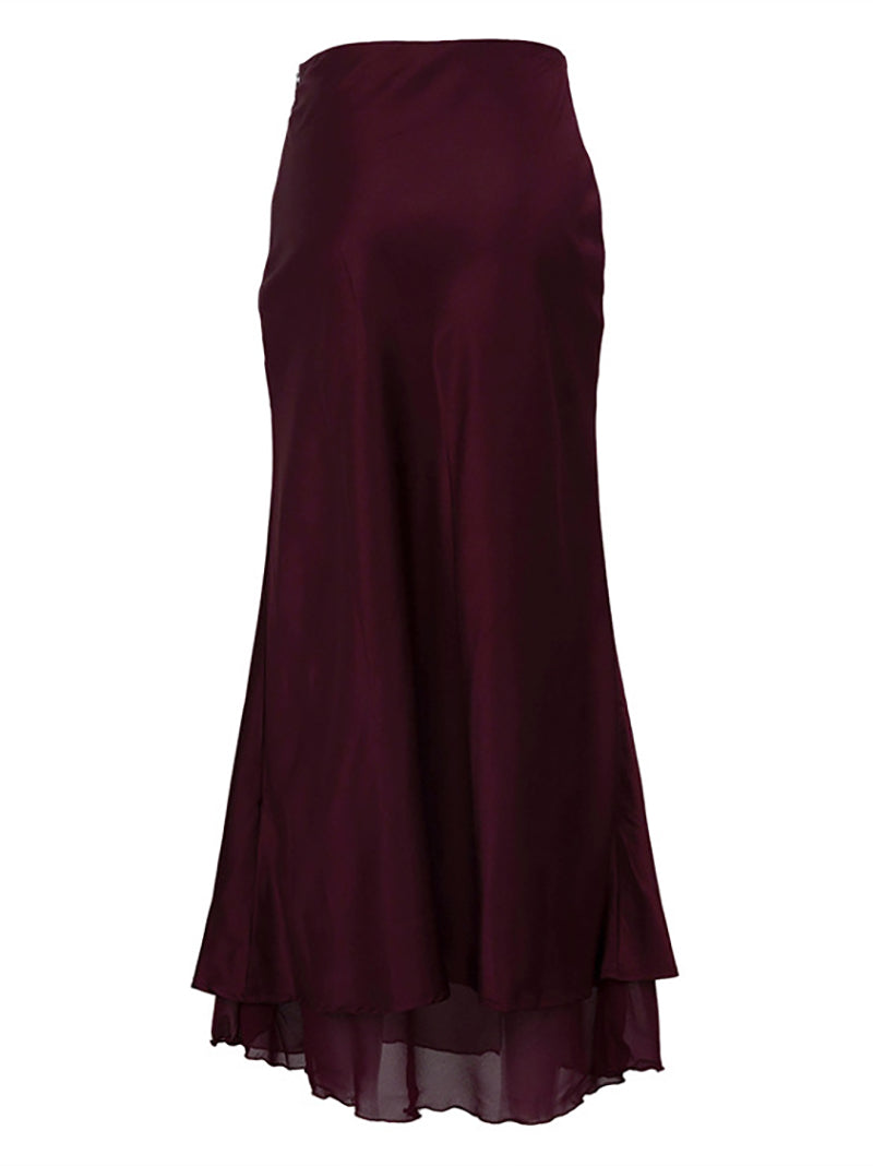 Mesh Patchwork Double-deck Design Satin Long Skirt