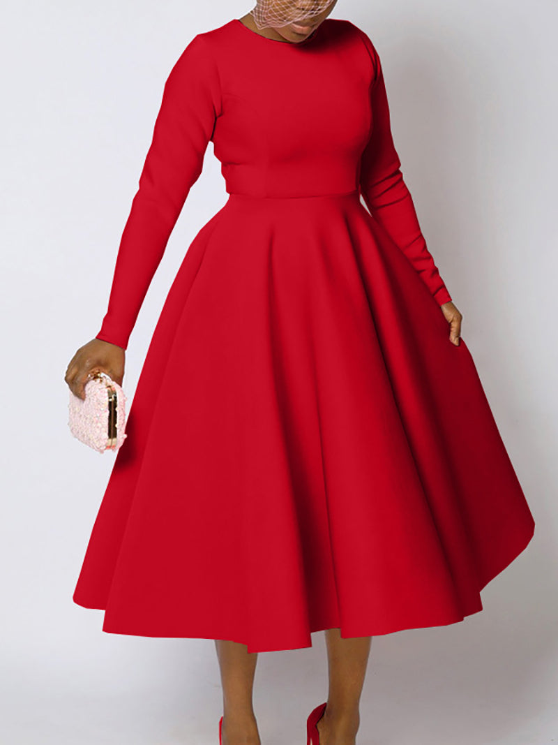 Elegant Round Collar Cinched Waist A-Line Dress