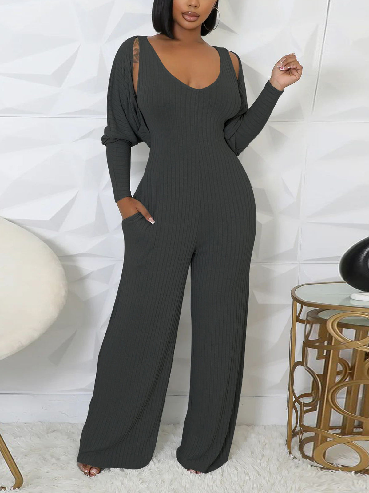 Casual Ribbed Jumpsuit Long Sleeve Cardigan Set