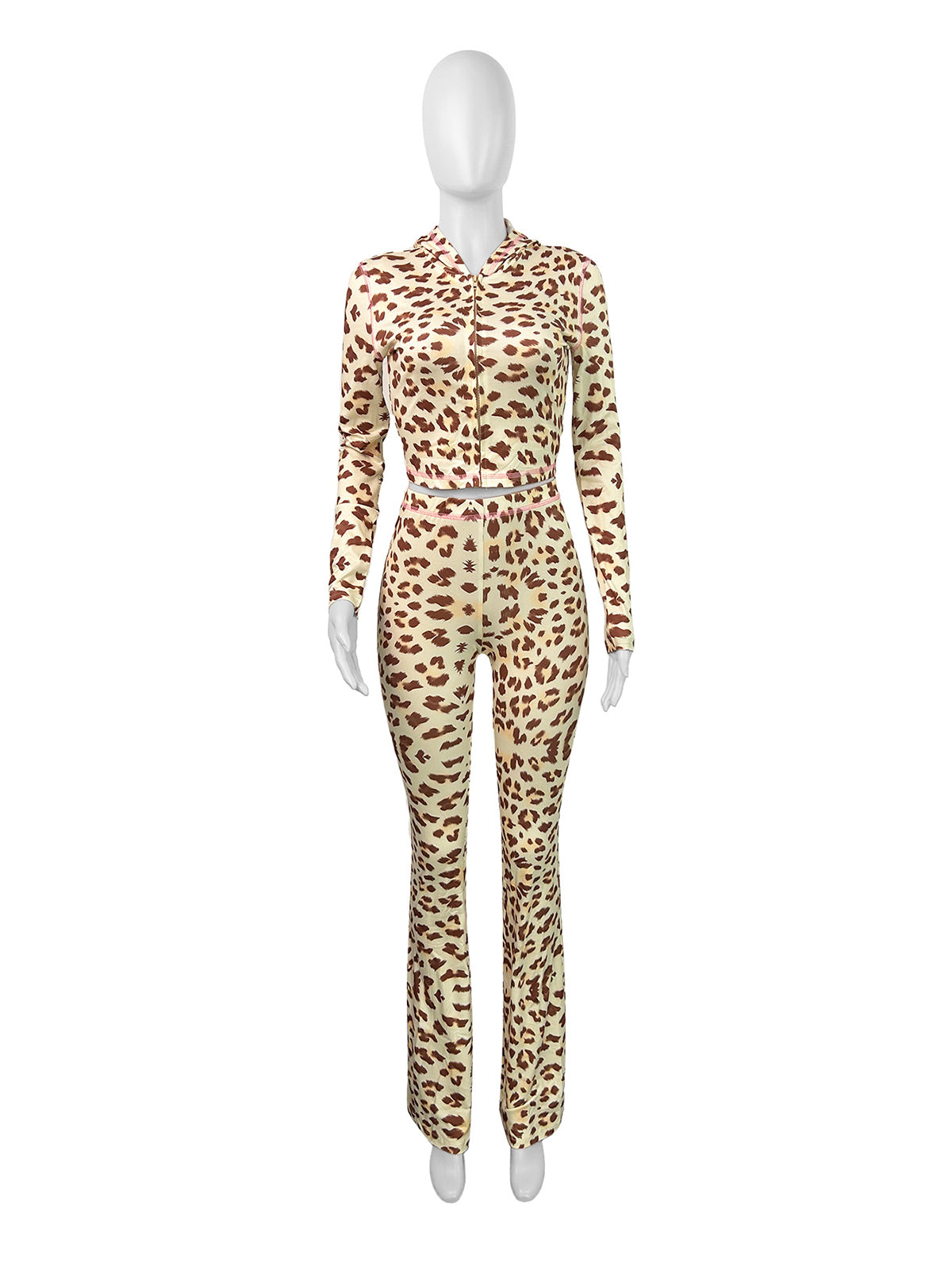 Leopard Print Zipper Hooded Tops Tight Pants Sets