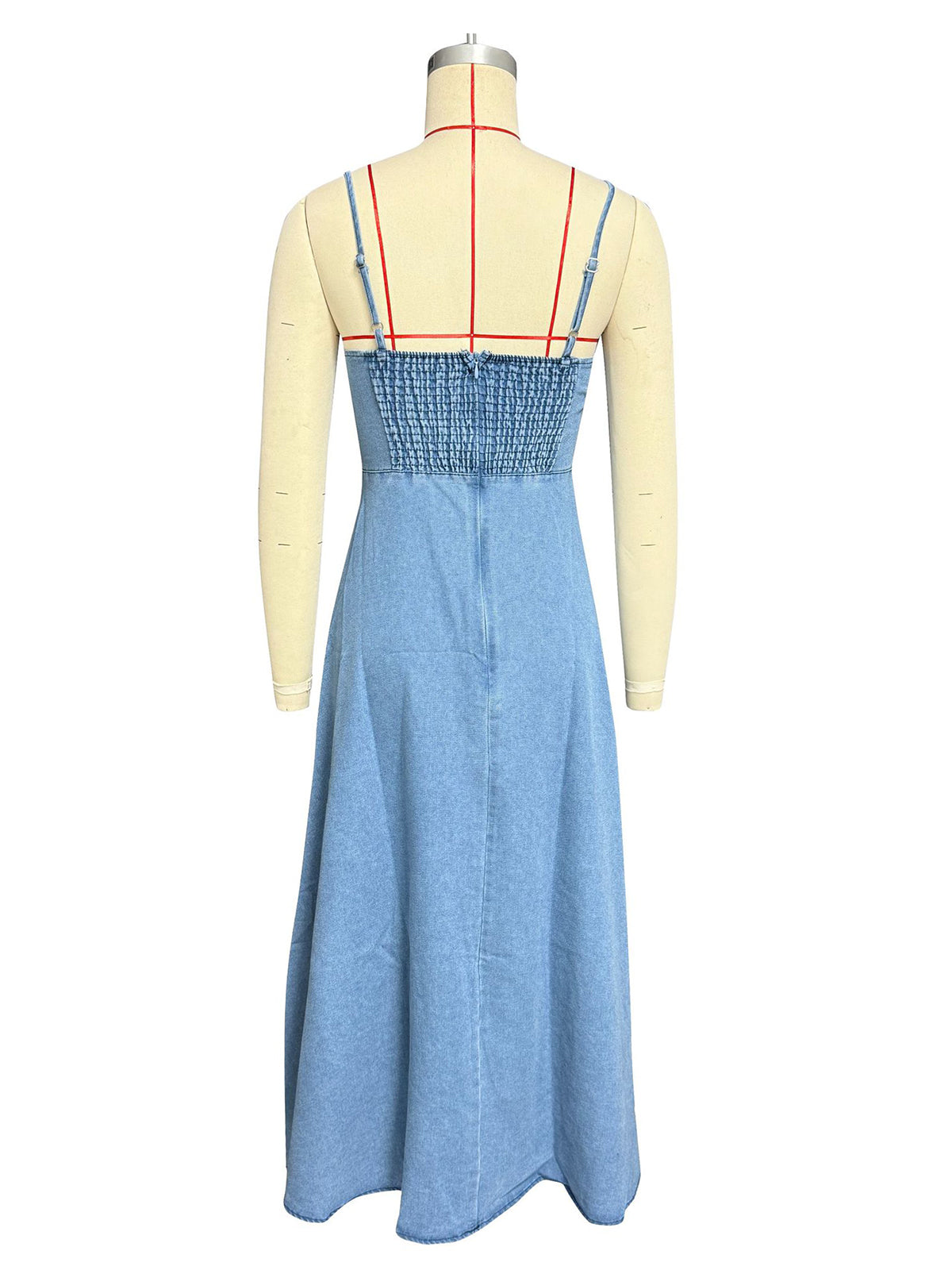 Sleeveless Suspender Pleated Back Denim Midi Dress