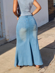 Fashion Elastic Slit Denim Long Skirt