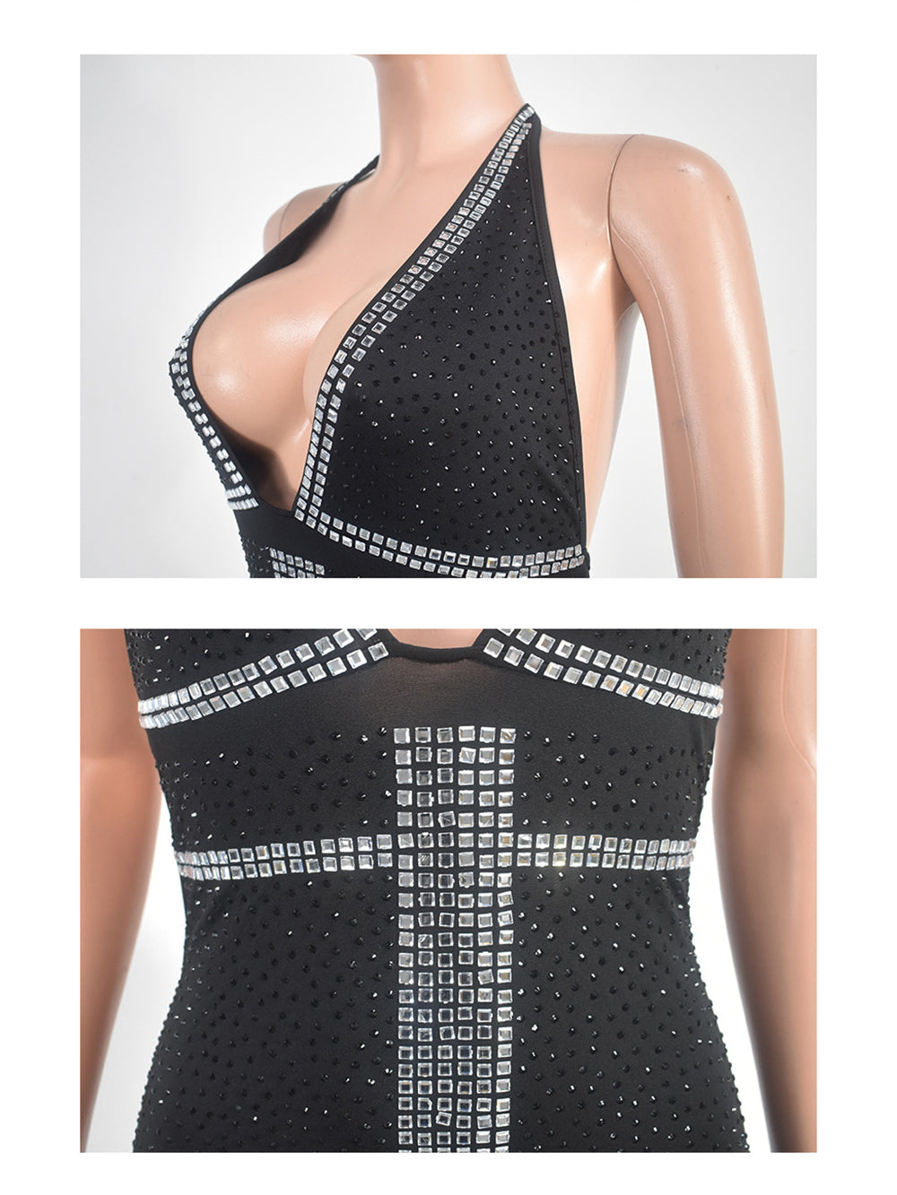 Sexy Rhinestone Backless Mesh Nightclub Dress