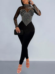 Rhinestone Mesh High Neck Long Sleeve Jumpsuit